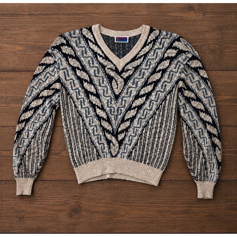 Vintage Sweater Graphics XL Geometric Knit V-Neck Navy Oatmeal Blue 80s 90s